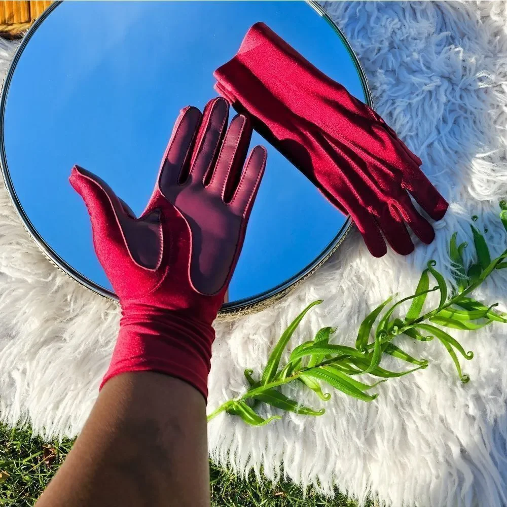 Stylish Burgandy Spandex Faux Leather Blend Statement Gloves.